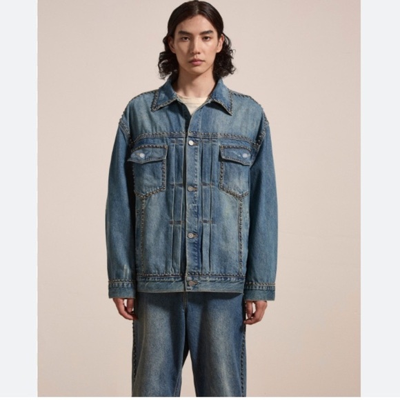 FOUND Azar Studded Oversized Denim Jean Jacket NWT Statement Layering Piece - Picture 2 of 16